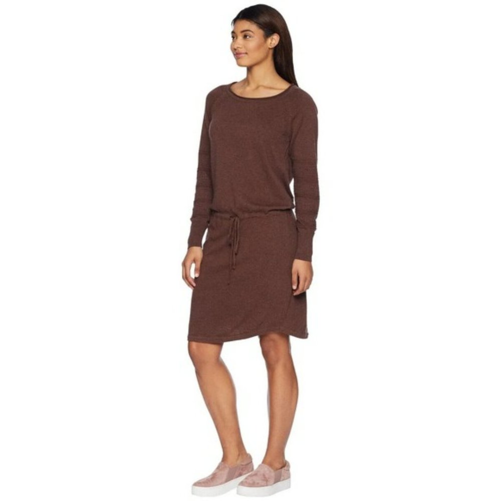 prAna Leigh Sweater Knit Dress Women Small Brown Drawstring sz XS Organic Cotton